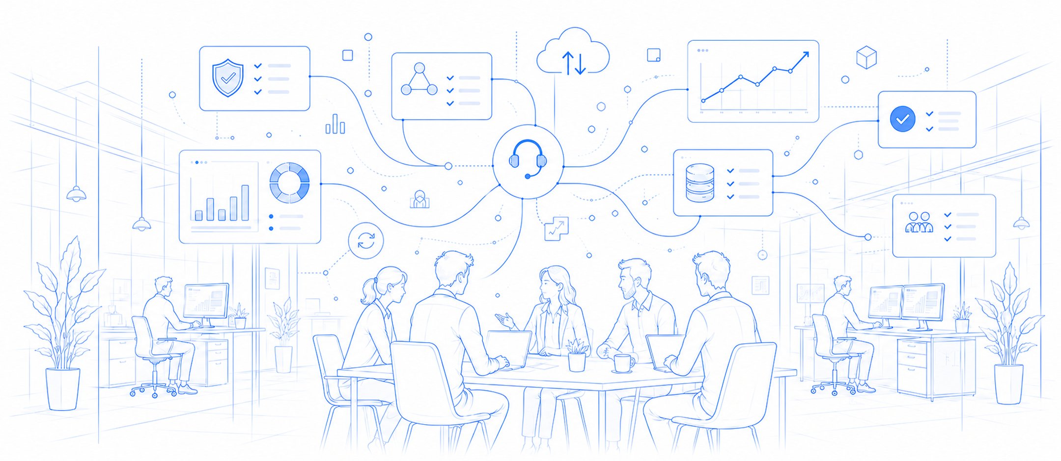 A team working around one connected internal system – data, documents and reporting in step