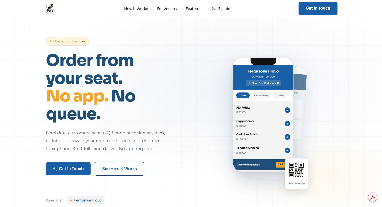 The Perch site – order from your seat by scanning a QR code, no app required