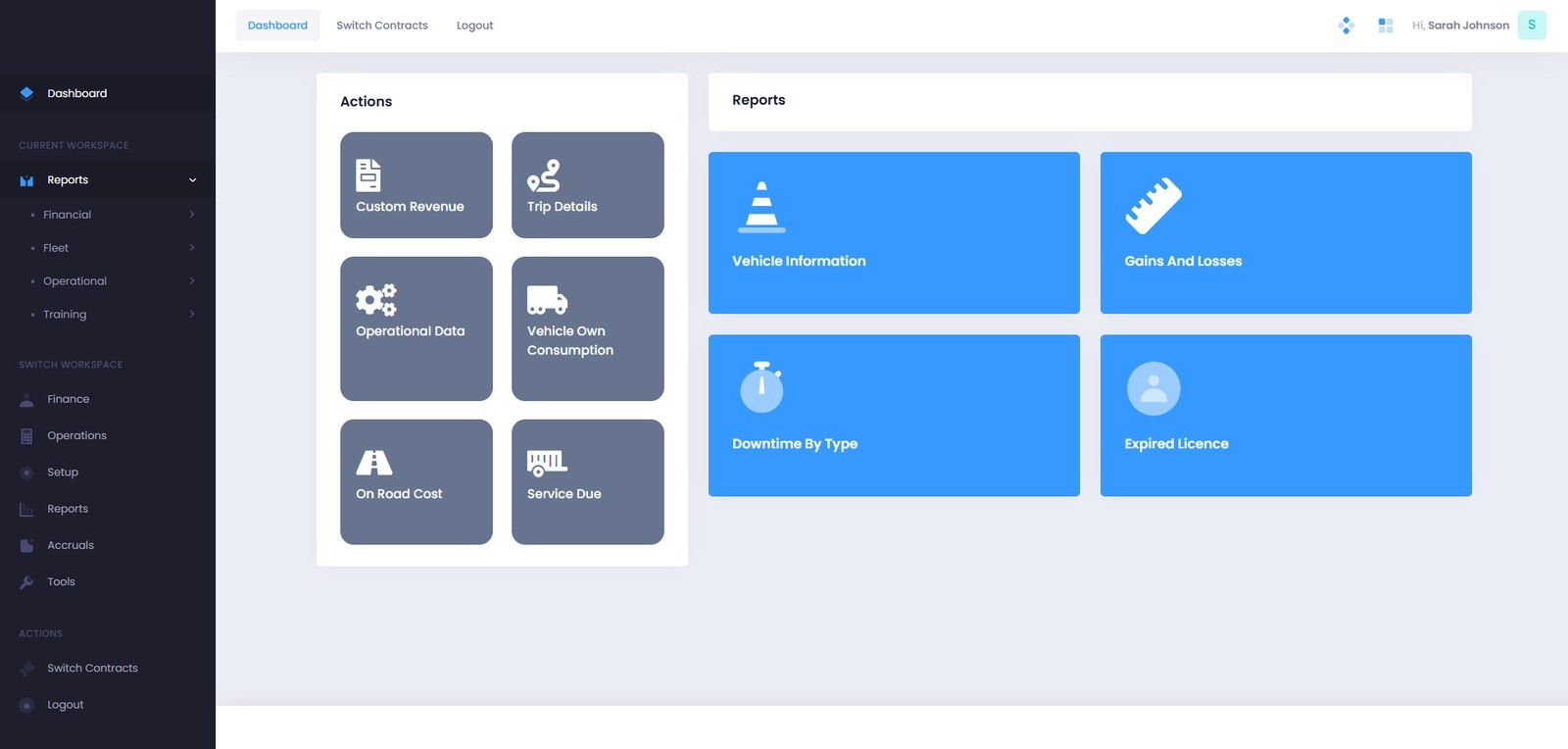 Fleet operations dashboard – vehicle, downtime and licensing reports, shown with demo data